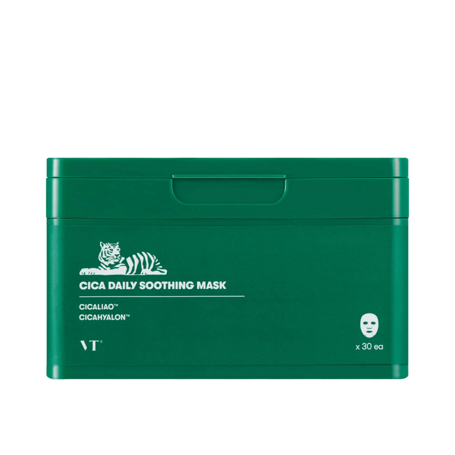 Grön förpackning med texten "Cica Daily Soothing Mask" och en vit illustration av en tiger, innehållande 30 sheet masks.