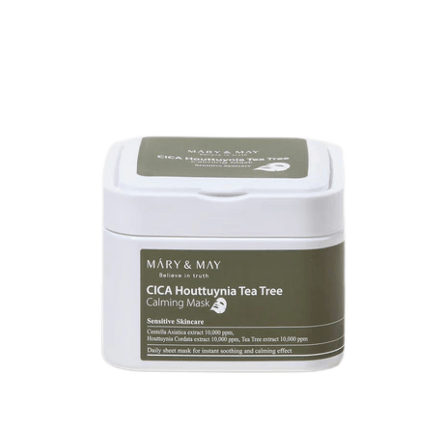Mary & May Cica Houttuynia Tea Tree Calming Mask – burk med lugnande sheetmasker för känslig hud, berikad med centella, houttuynia och tea tree-extrakt.