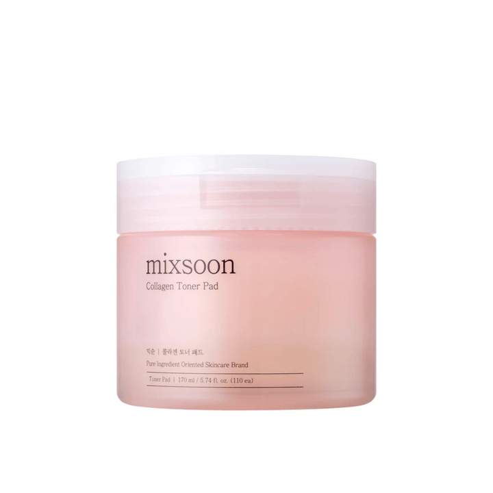 Mixsoon Collagen Toner Pad i en elegant, rosa burk med 110 pads – återfuktande toner för daglig hudvård.