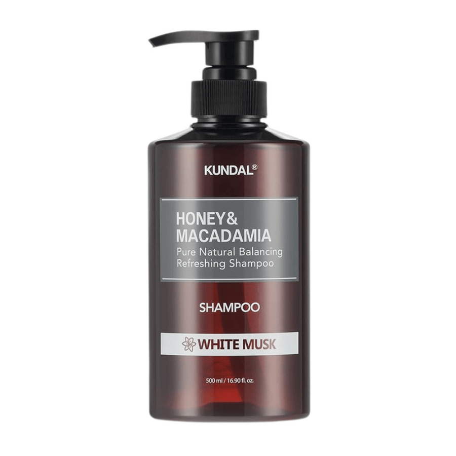 KUNDAL Honey & Macadamia Nature Shampoo White Musk i brun plastflaska med pump, 500 ml.