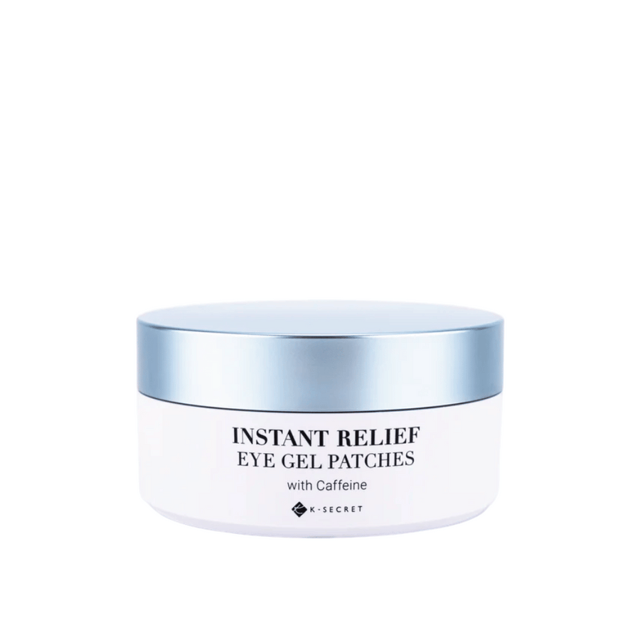 Burk med K-Secret Instant Relief Eye Gel Patches med koffein och blått lock.