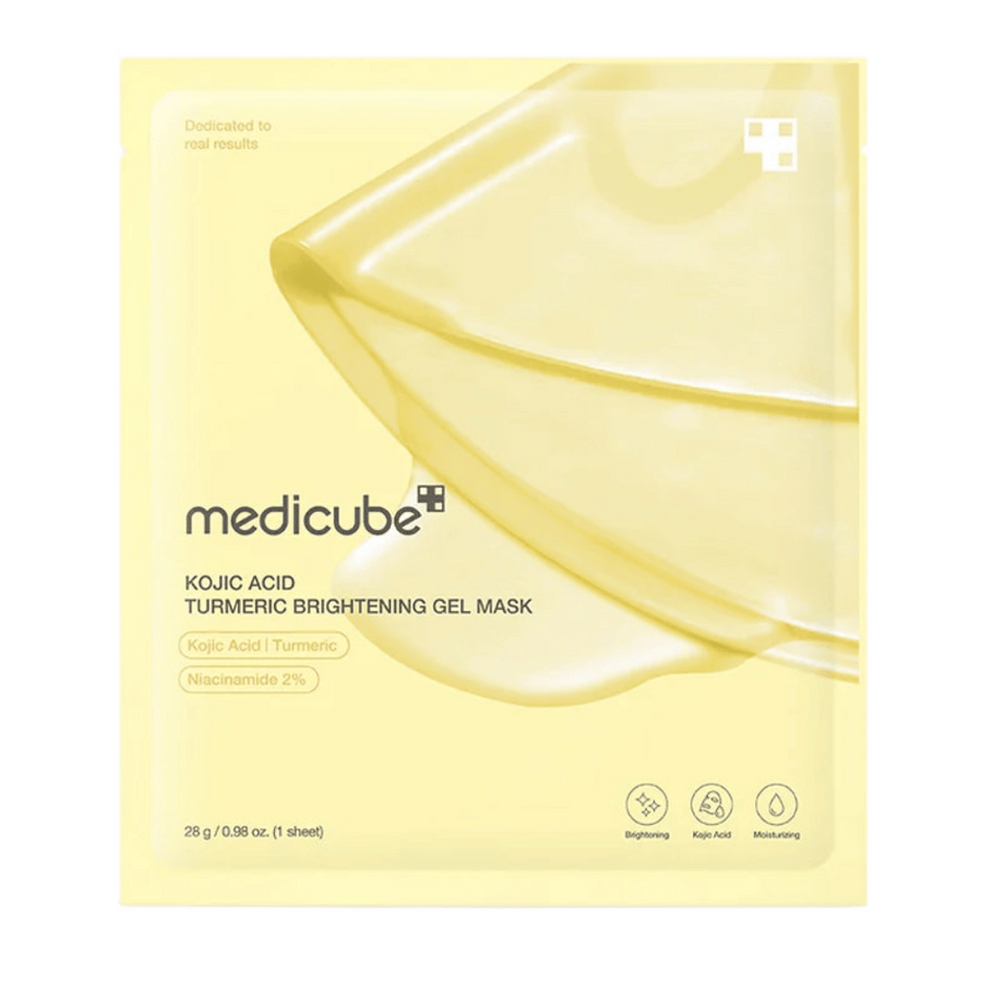 Medicube Kojic Acid Turmeric Brightening Gel Mask – gul förpackning med bild av gelmask och tydliga ingrediensmarkeringar.