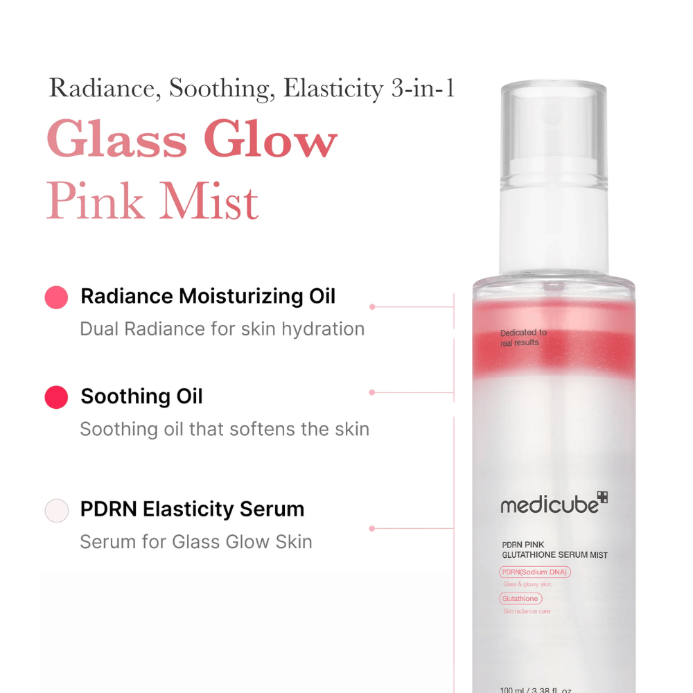 Produktbild av Medicube PDRN Pink Glutathione Serum Mist med tre lager: återfuktande olja, lugnande olja och PDRN-serum för lyster, elasticitet och mjuk hud.