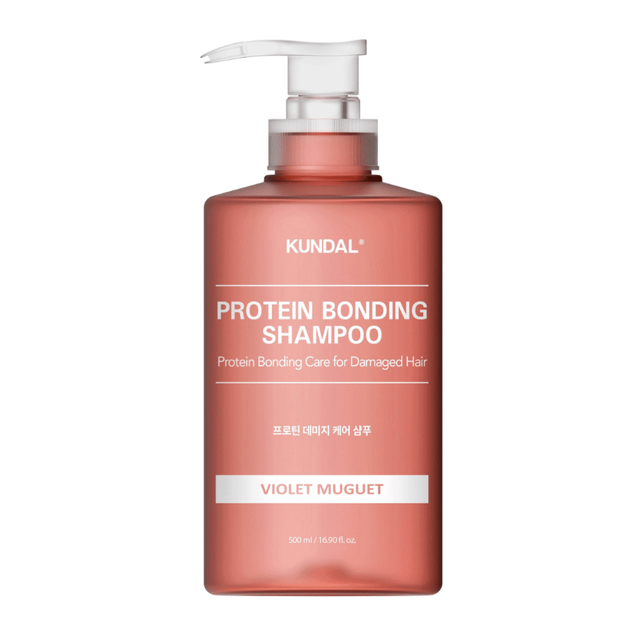 KUNDAL Protein Bonding Shampoo Violet Muguet 500 ml i pumpflaska mot vit bakgrund.