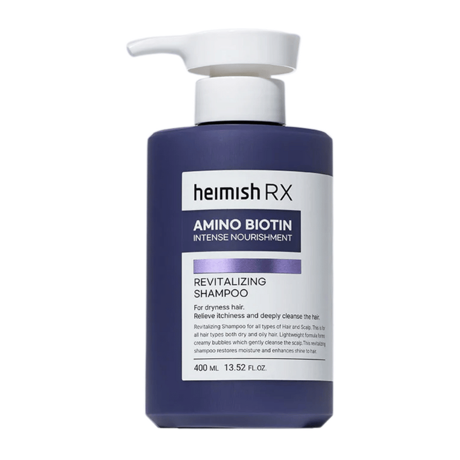 Heimish RX Amino Biotin Revitalizing Shampoo 400 ml – näringsrikt schampo för torrt och livlöst hår, med biotin och aminosyror för att stärka och återfukta hår och hårbotten.