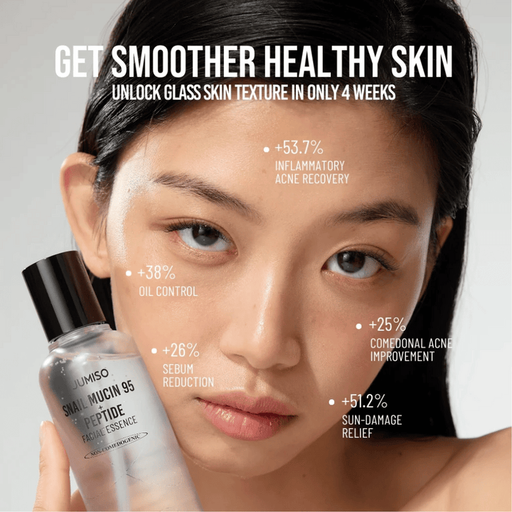 Kvinna med jämn hudton håller i Jumiso Snail Mucin 95 + Peptide Facial Essence. Texten visar förbättringar som minskad akne, mindre olja och ökad hudåterhämtning.