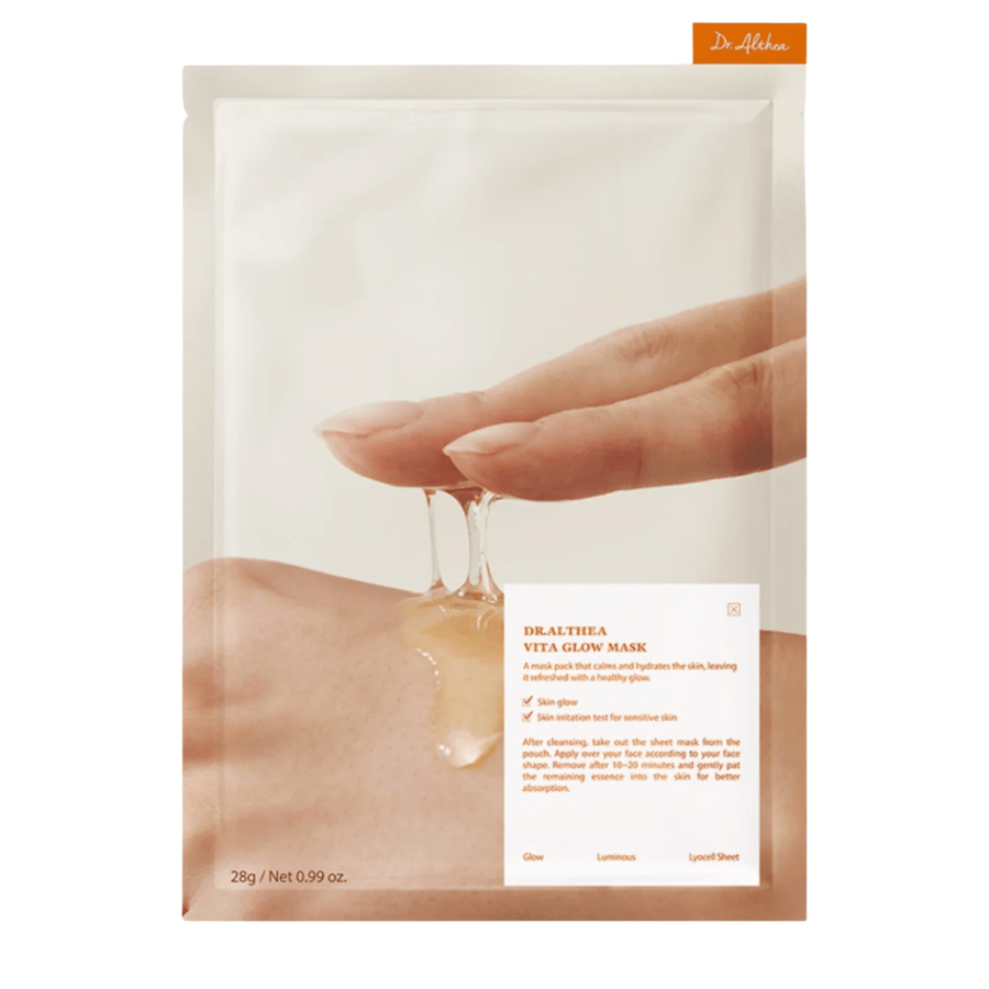 Förpackning av Dr. Althea Vita Glow Mask som visar maskens essens. Återfuktande sheet mask för lyster och jämn hudton, skonsam även för känslig hud.