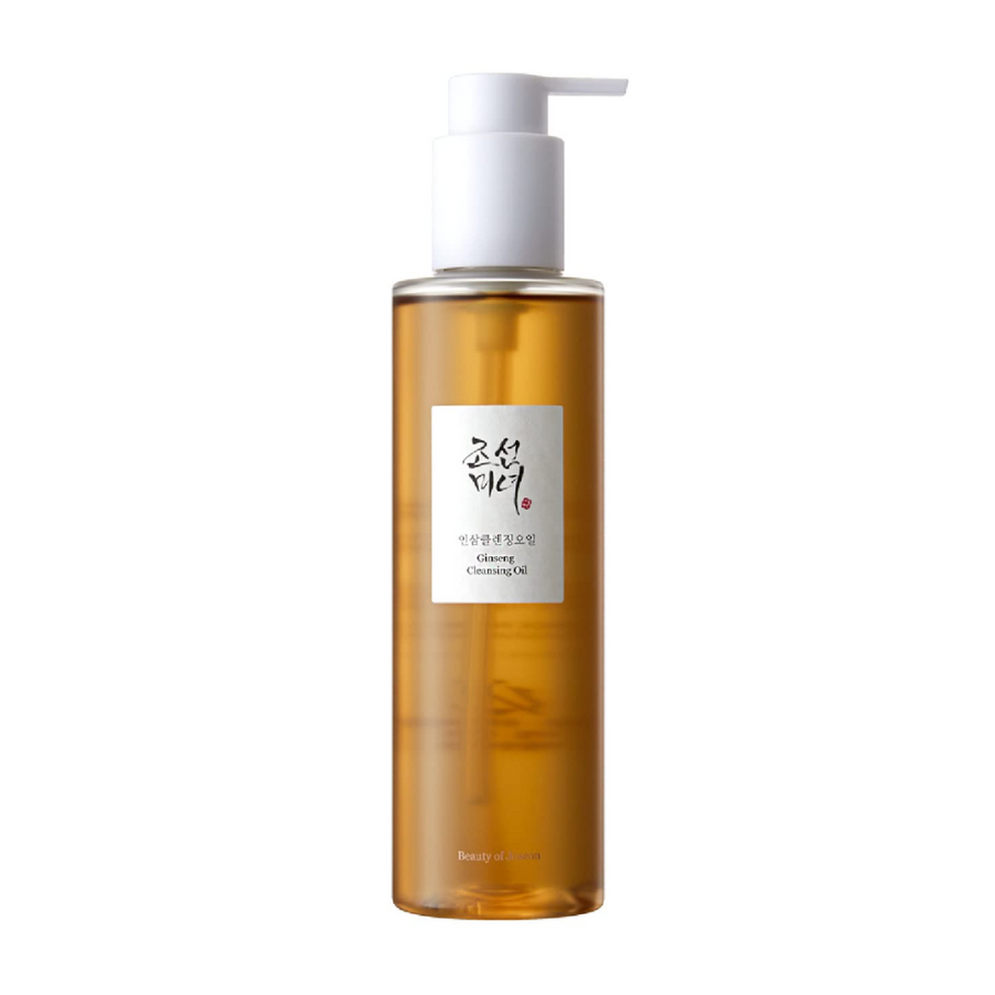 En flaska Beauty of Joseon Ginseng Cleansing Oil 210ml pÄ vit bakgrund, med ginseng-fröolja.