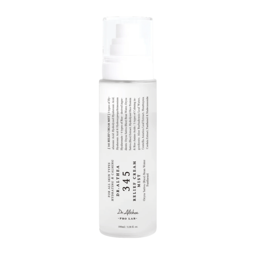 Dr. Althea 345 Relief Cream Mist on a white background, a light facial mist with a two-phase formula that hydrates, soothes, and strengthens the skin throughout the day.