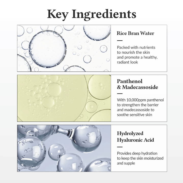Key ingredients in Dr. Althea 345 Relief Cream Mist, with rice water, panthenol, madecassoside, and hydrolyzed hyaluronic acid that strengthen the skin barrier and provide deep hydration.