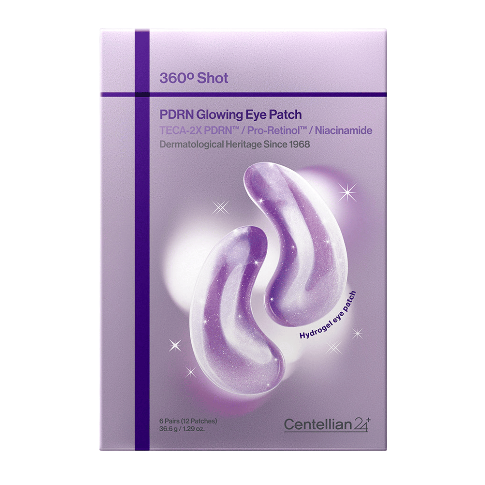 Packaging of 360° Shot PDRN Glowing Eye Patch from Centellian24+, hydrogel eye patches with PDRN, niacinamide and TECA for radiance and firmer eye contour.