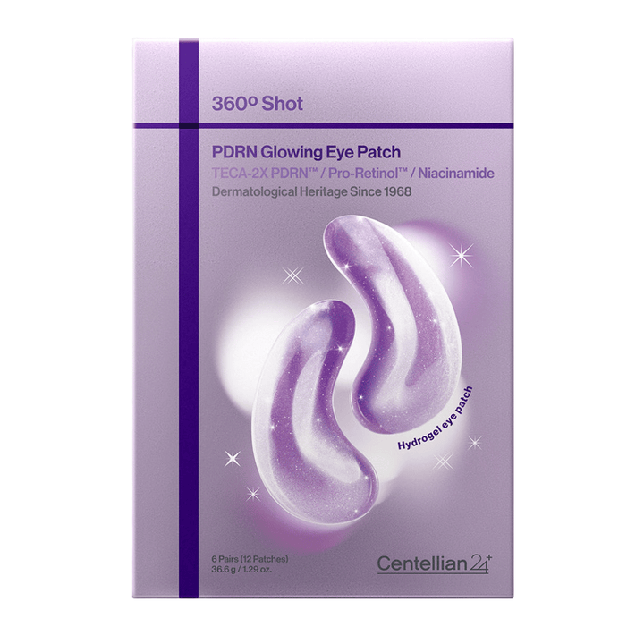 Packaging of 360° Shot PDRN Glowing Eye Patch from Centellian24+, hydrogel eye patches with PDRN, niacinamide and TECA for radiance and firmer eye contour.