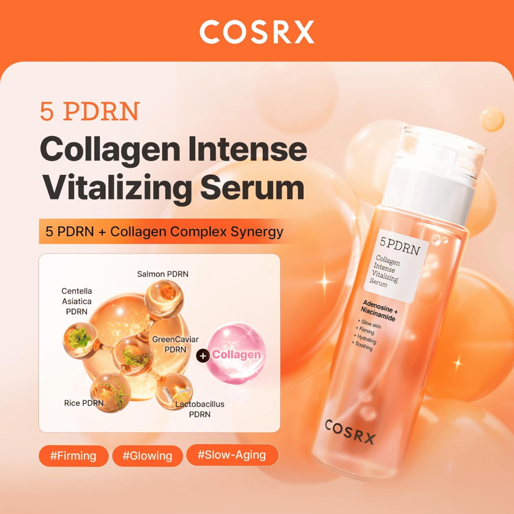 COSRX 5 PDRN serum with collagen complex that strengthens the skin barrier, adds radiance, and counteracts signs of aging