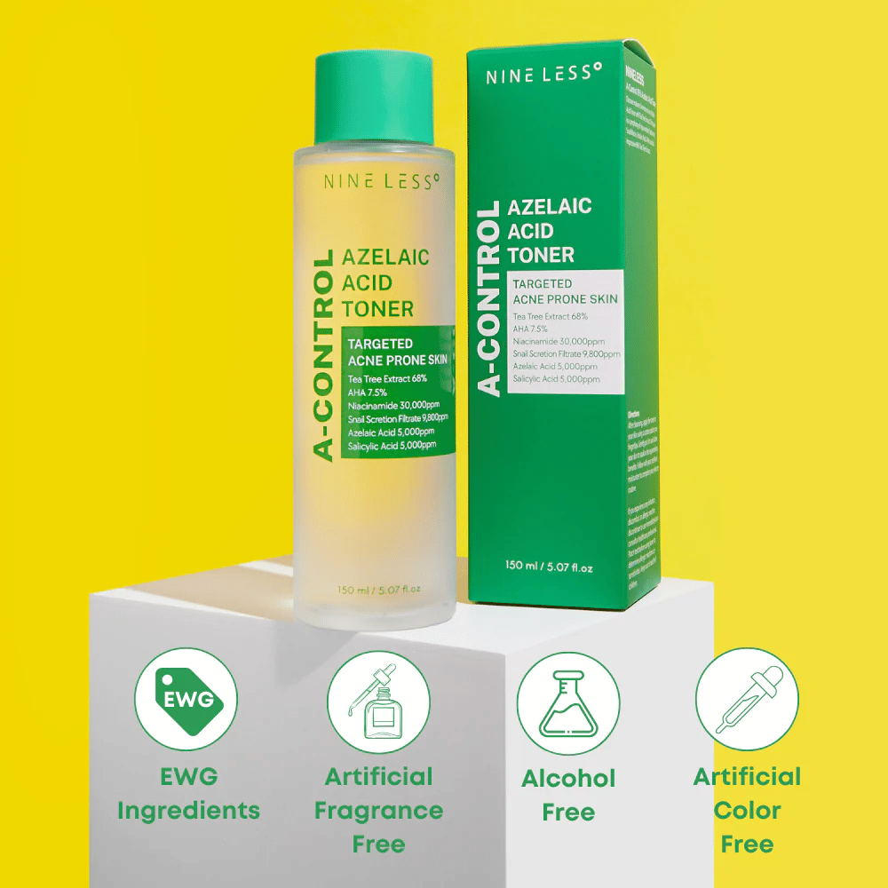 Bottle and packaging of Nine Less A-Control Azelaic Acid Toner against a yellow background with green icons marking EWG ingredients, free from alcohol, perfume, and colorants.