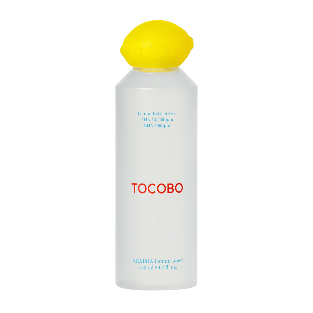 TOCOBO AHA BHA Lemon Toner in a transparent bottle with a yellow lemon-shaped cap and red logo. Text on the bottle indicates 38% lemon extract, AHA 50 400 ppm, and BHA 500 ppm.
