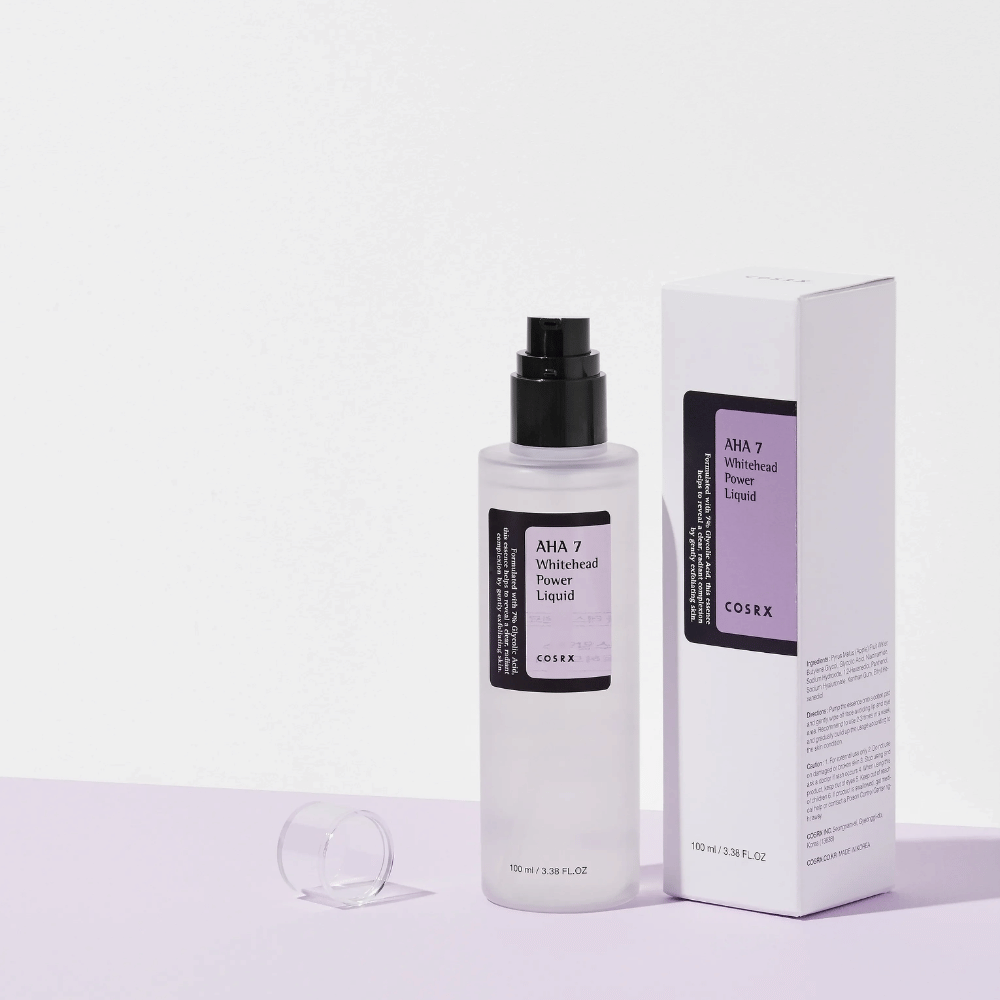 COSRX AHA 7 Whitehead Power Liquid with packaging, exfoliating facial toner with 7% AHA to counteract whiteheads and even out skin tone.