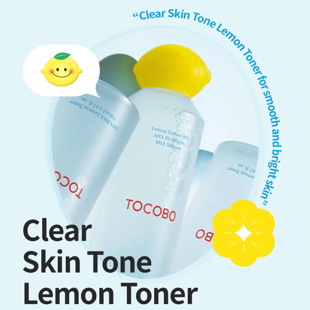 Several bottles of TOCOBO Clear Skin Tone Lemon Toner with a yellow lemon-shaped cap, bubbles inside the liquid, and text highlighting the ingredients AHA and BHA against a light blue background.