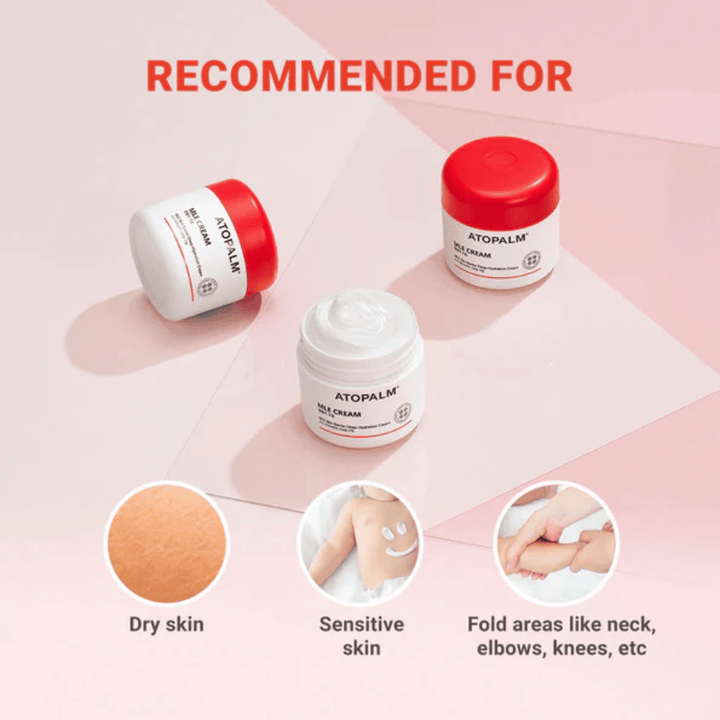 ATOPALM MLE Cream recommended for dry and sensitive skin as well as dry areas like the neck, elbows, and knees – gentle cream for daily skincare.