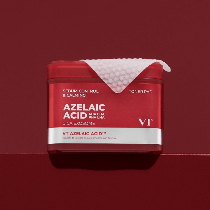 VT Azelaic Acid Toner Pad – red jar with texture pad, perfect for evening out skin tone and reducing impurities.