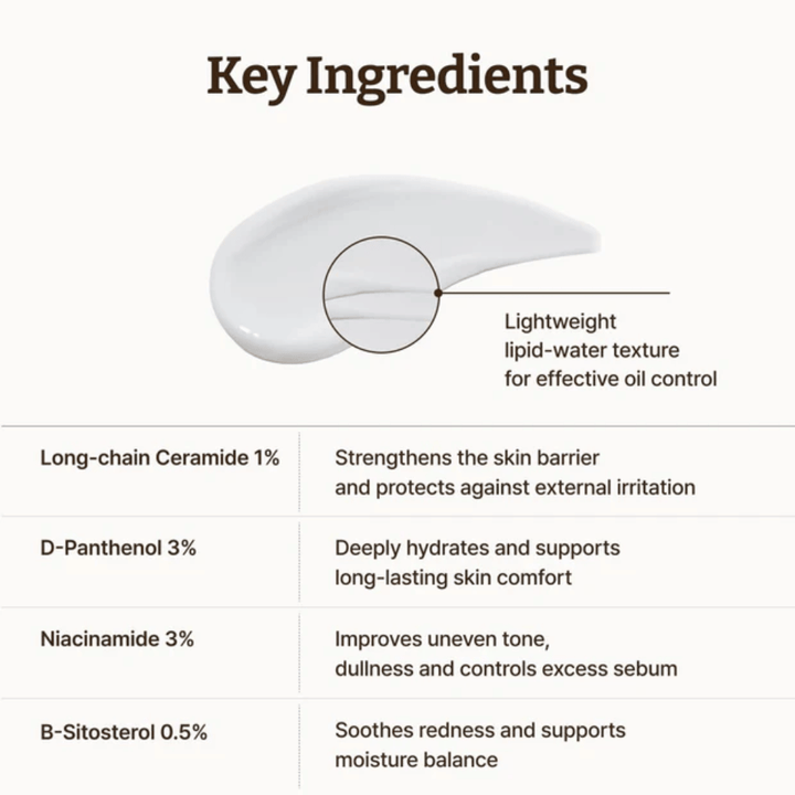 Dr. Reju-All LC-Ceramide Barrier Cream key ingredients – long-chain ceramides 1%, panthenol 3%, and niacinamide 3% that strengthen the skin barrier, soothe the skin, and balance sebum.