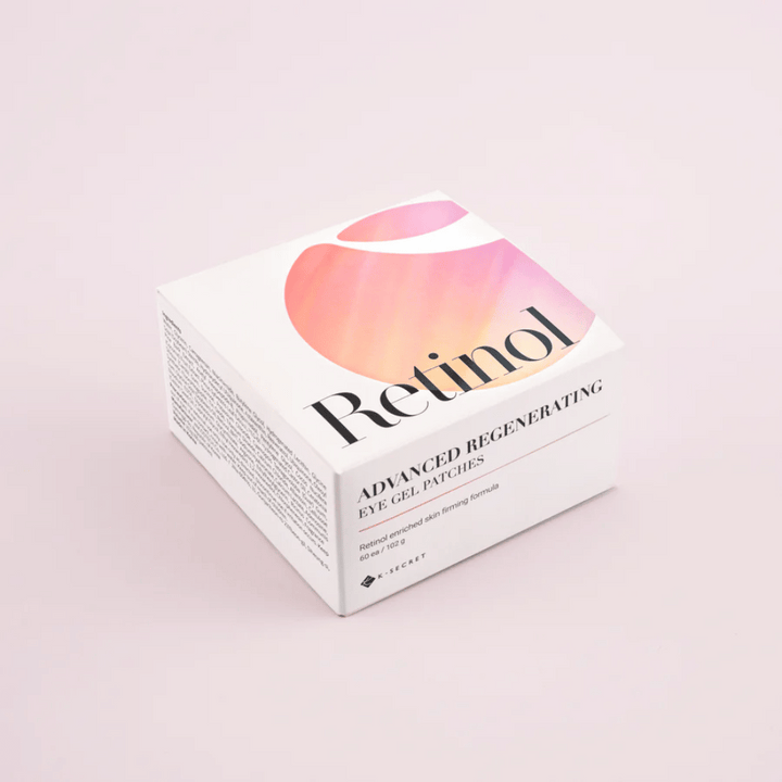 Förpackning av K-Secret Advanced Regenerating Eye Gel Patches med retinol i vit och rosa design.