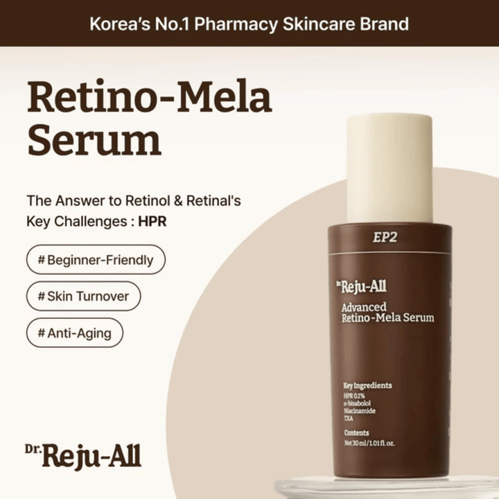 Dr. Reju-All Advanced Retino-Mela Serum EP2 – HPR-based retinol alternative that is gentler than retinol and retinal, developed for even skin tone, skin renewal, and anti-aging.