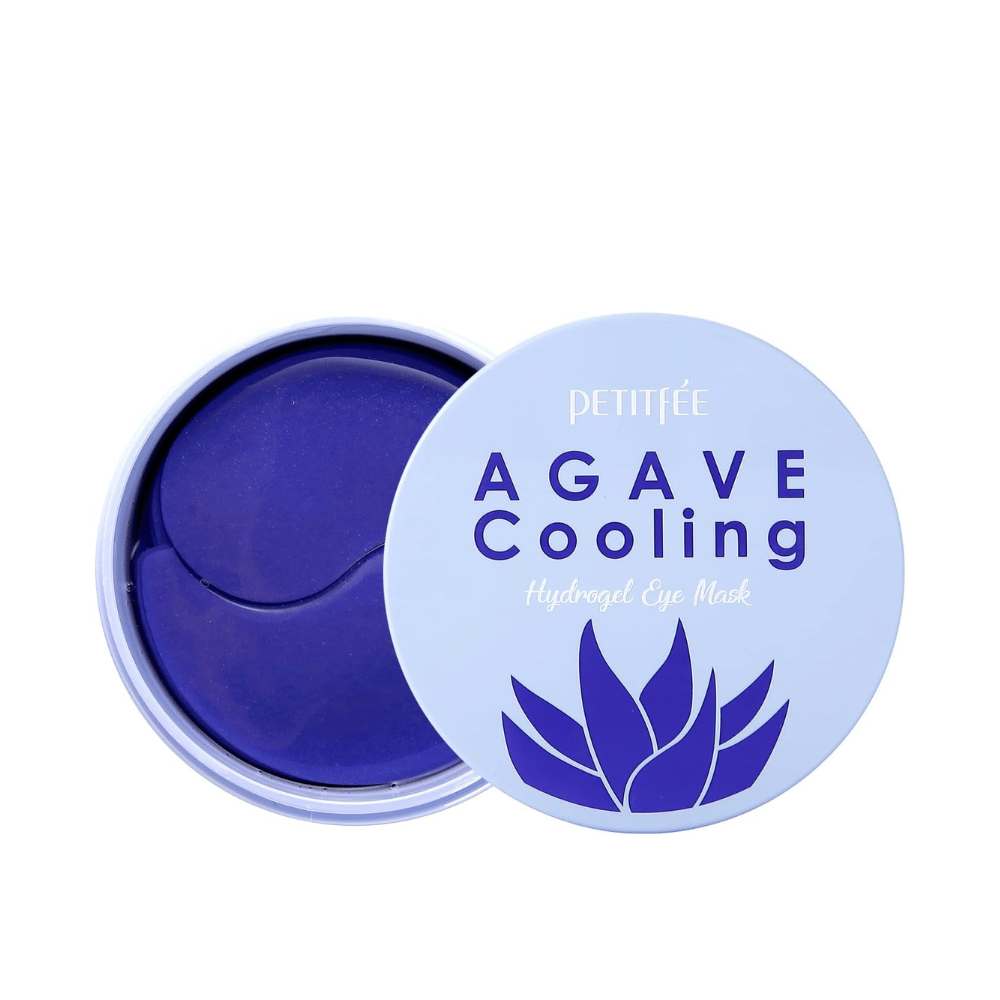 Cutout product image of PETITFEE Agave Cooling Hydrogel Eye Mask with an opened jar showing the purple hydrogel patches and the sleek light blue packaging.