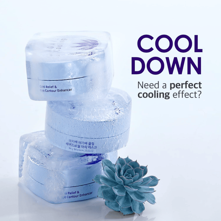 Promotional image of PETITFEE Agave Cooling Hydrogel Eye Mask with an icy and cooling theme. The image highlights the product’s cooling effect and fresh feeling for tired eyes.