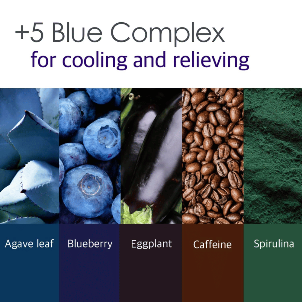 Informational image about the “5 Blue Complex” with ingredients such as agave leaf, blueberry, eggplant, caffeine, and spirulina. The focus is on cooling and soothing properties for the skin.