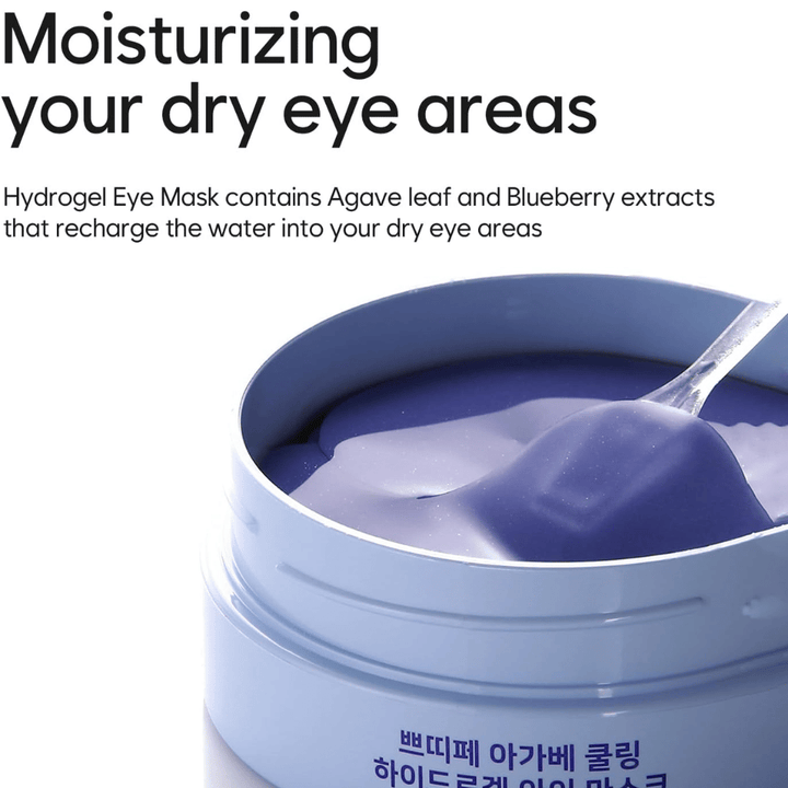 Product image of Agave Cooling Hydrogel Eye Mask with a focus on moisturizing dry areas around the eyes. The image shows the hydrogel formula and the included spatula.
