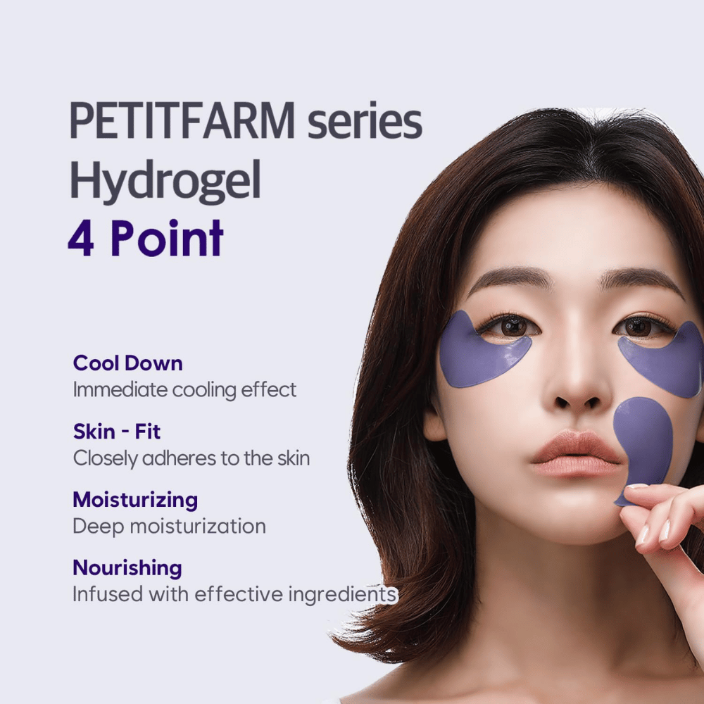 Promotional image with a model using PETITFARM Hydrogel Eye Mask. The image highlights four main benefits: cooling effect, skin-adapted fit, deep hydration, and nourishing ingredients.