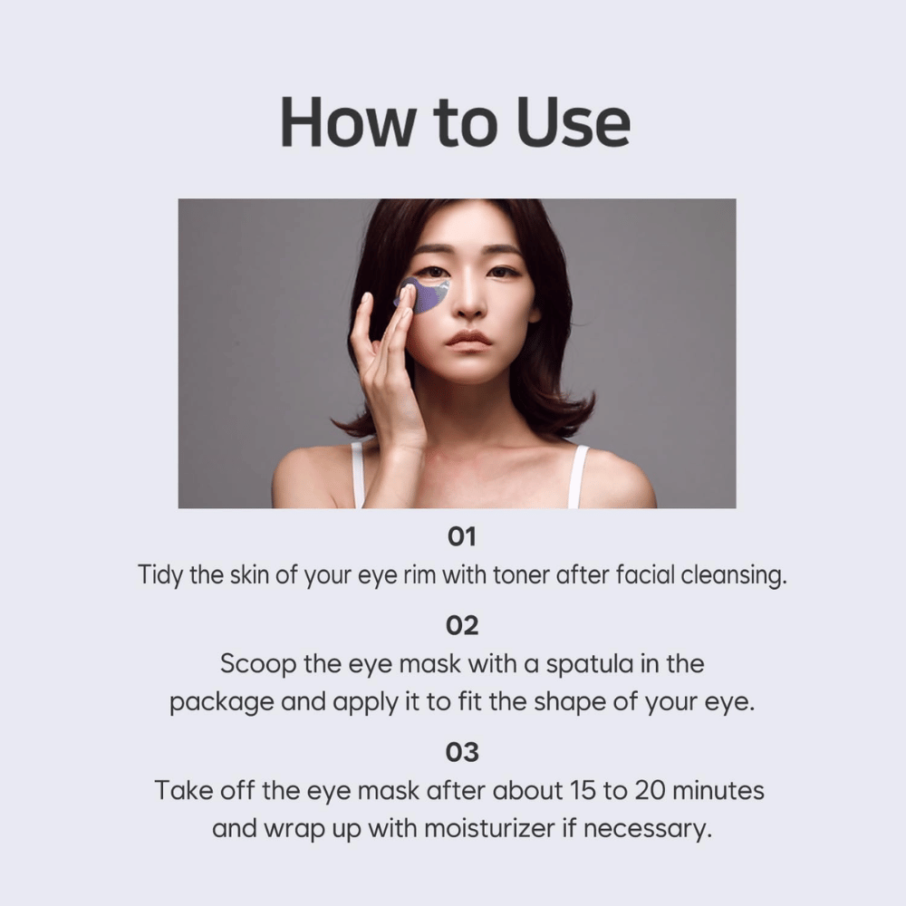 Instructional image showing how PETITFARM Hydrogel Eye Mask is applied after cleansing and toner. The guide describes step by step how the eye patches are used for hydration and cooling care around the eyes.