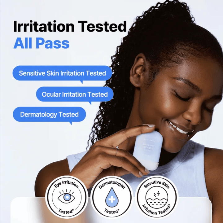 Kliniskt testad COSRX Airy-Light Invisible Sun Stick – testad för känslig hud, ögonirritation och dermatologiskt godkänd.