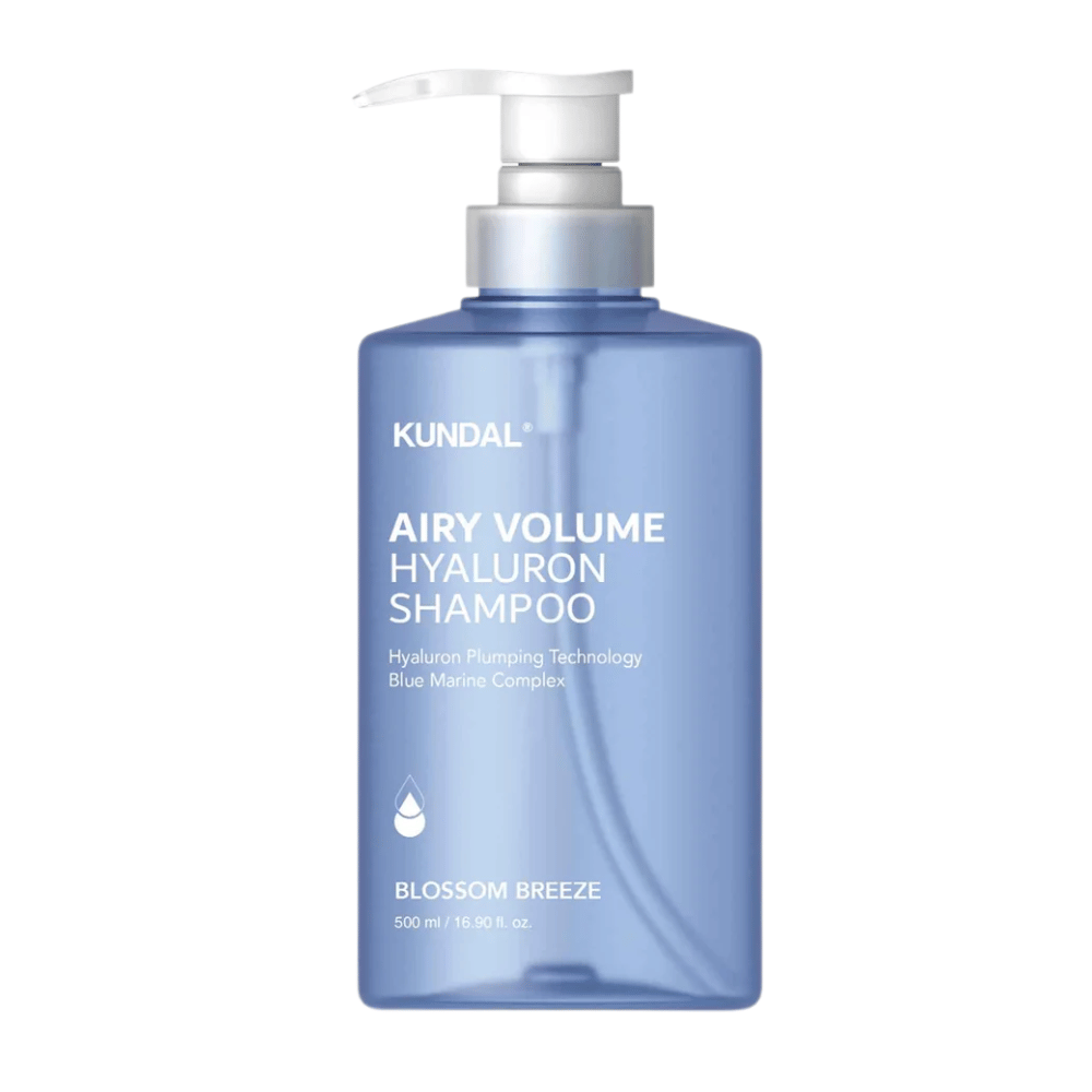 KUNDAL Airy Volume Hyaluron Shampoo Blossom Breeze in blue pump bottle, volumizing shampoo with hyaluron and Blue Marine Complex.
