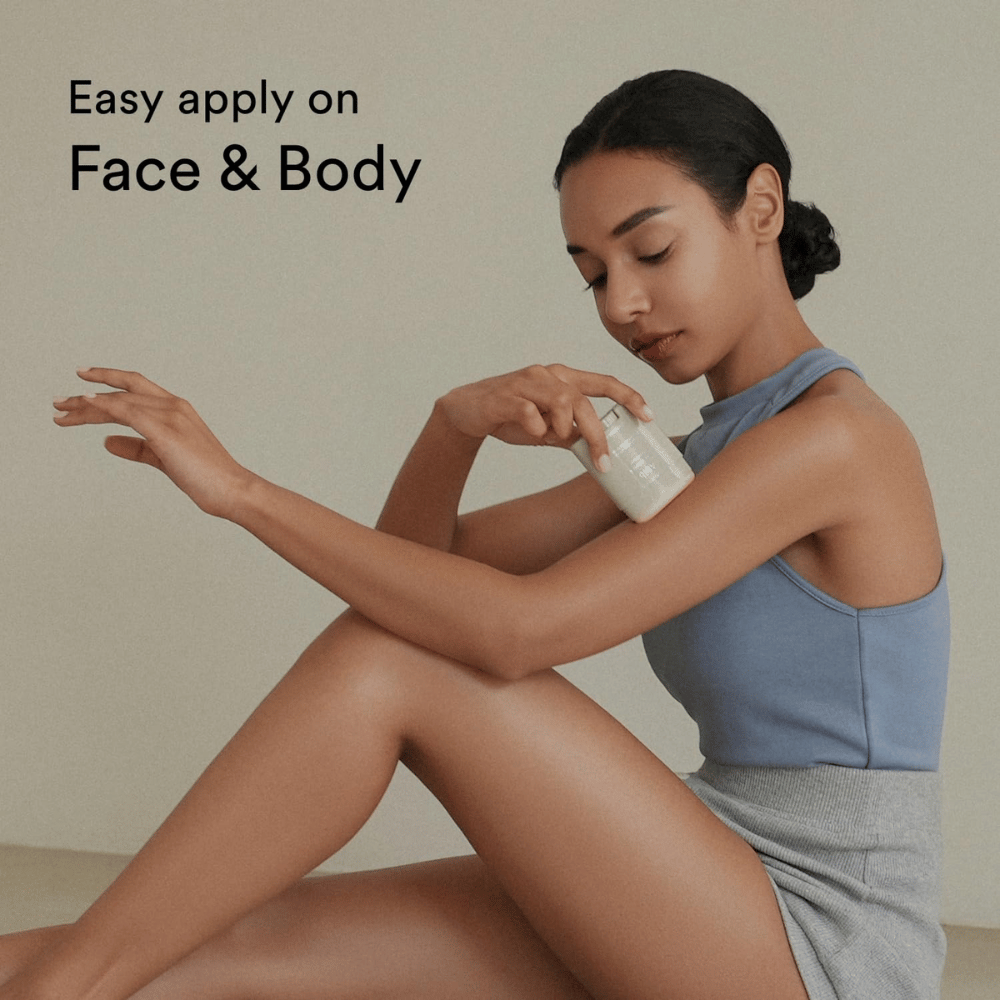 The image shows a woman applying a sun protection stick on her arm. The text "Easy apply on Face & Body" highlights that the product is easy to use on both the face and body.