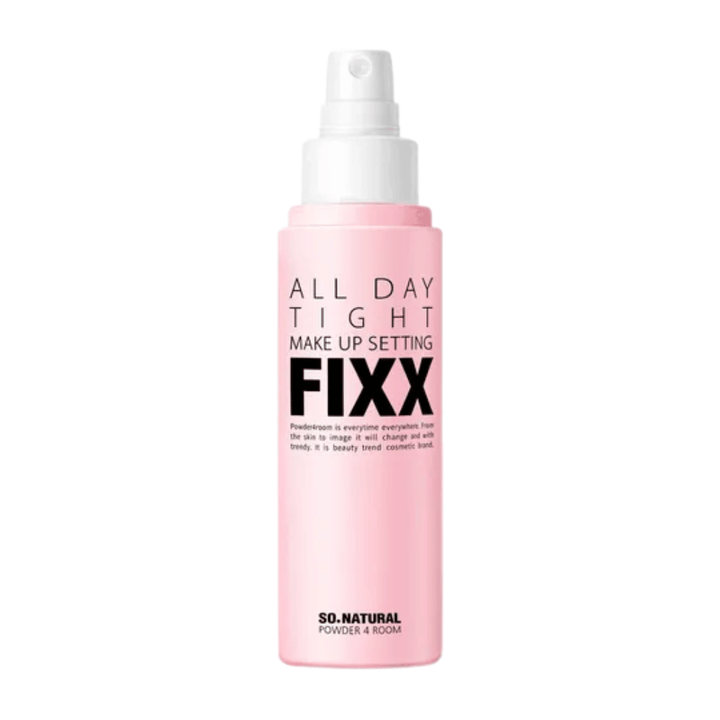 So Natural All Day Tight Make Up Setting Fixx setting spray i rosa flaska med fin mist som håller sminket på plats hela dagen
