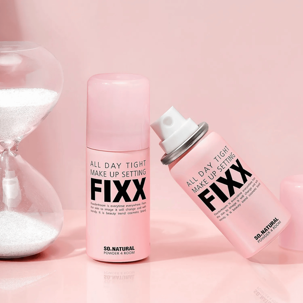 3. So Natural All Day Tight Make Up Setting Fixx – two pink makeup setting sprays with spray nozzle and hourglass