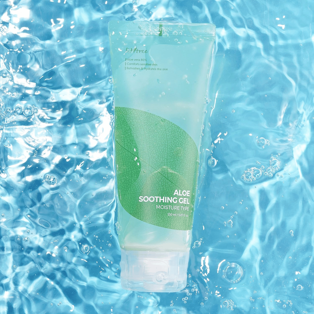 Isntree Aloe Soothing Gel Moisture Type 150 ml – soothing and moisturizing aloe vera gel against a blue water background
