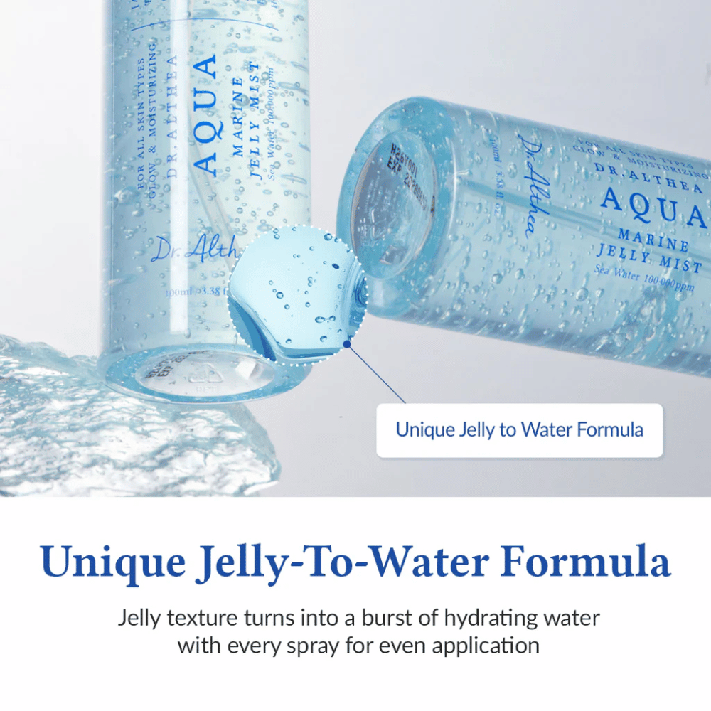 Dr. Althea Aqua Marine Jelly Mist with unique jelly-to-water formula that activates upon spraying and provides intense hydration
