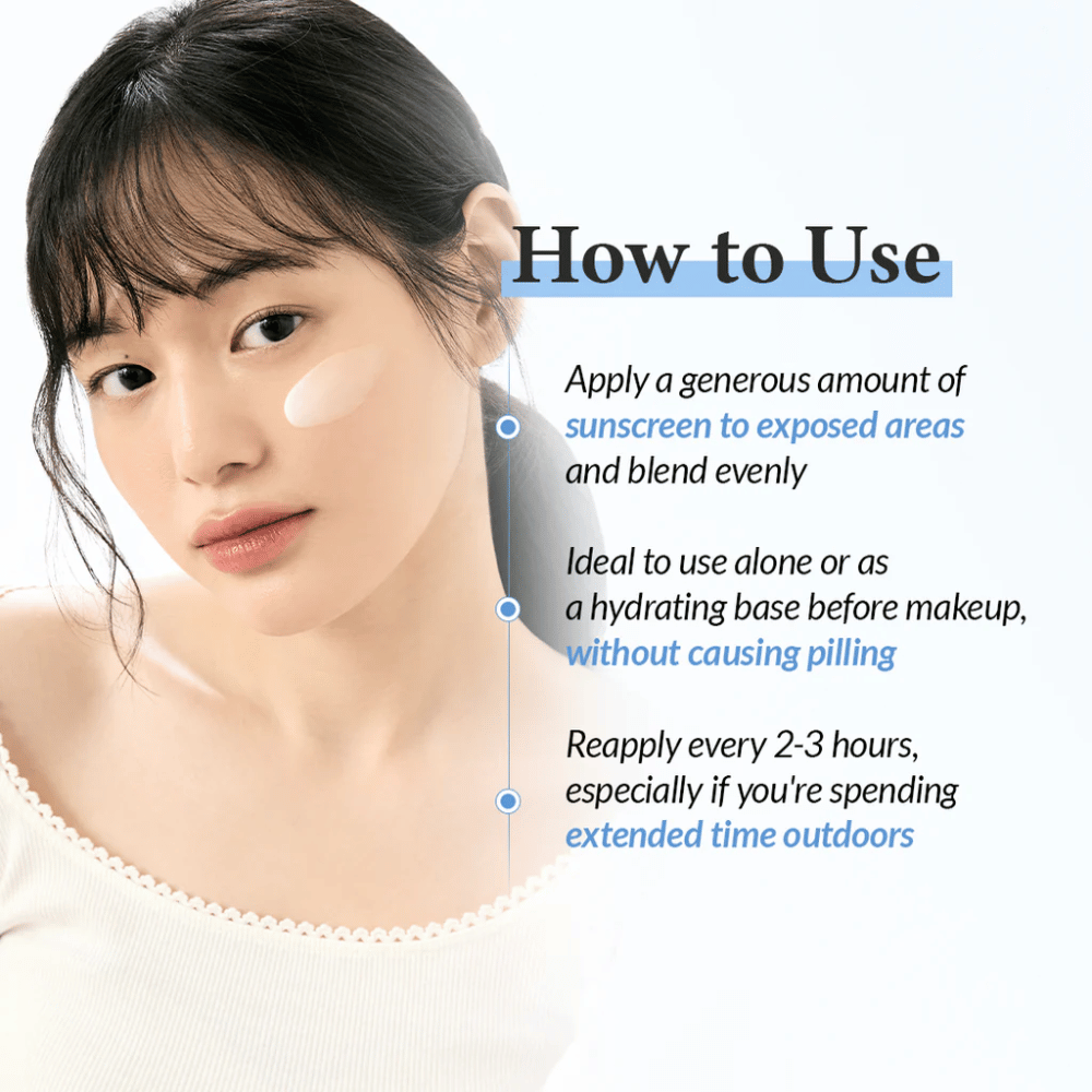 Woman with sunscreen on her cheek shows how to use the product, with text explaining application, use under makeup, and reapplication every 2–3 hours when outdoors.