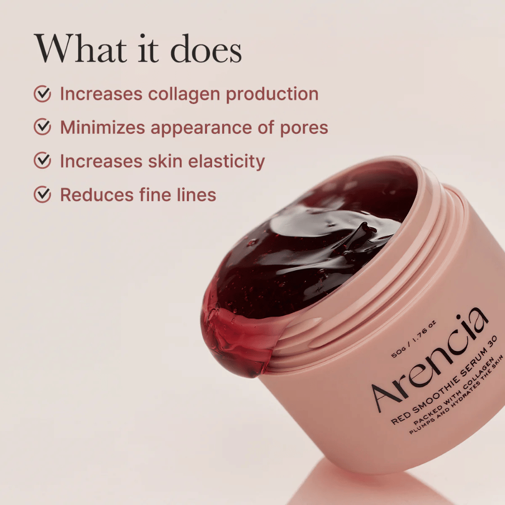 Open jar of Arencia Red Smoothie Serum 30 with gel-like texture, listed Benefits: increased collagen, minimized pores, improved elasticity, reduced lines.