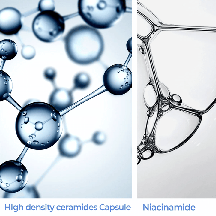 Close-up of high-density ceramide capsules and niacinamide – key ingredients in AESTURA Atobarrier 365 Lotion.