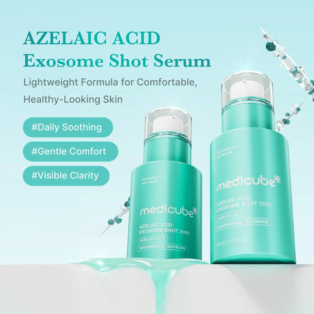 Product image showing two sizes or strengths of Azelaic Acid Exosome Shot serum. The turquoise design is combined with messaging about daily soothing skincare, comfort, and improved skin clarity. Decorative illustrations of spicules and serum droplets enhance the scientific feel.