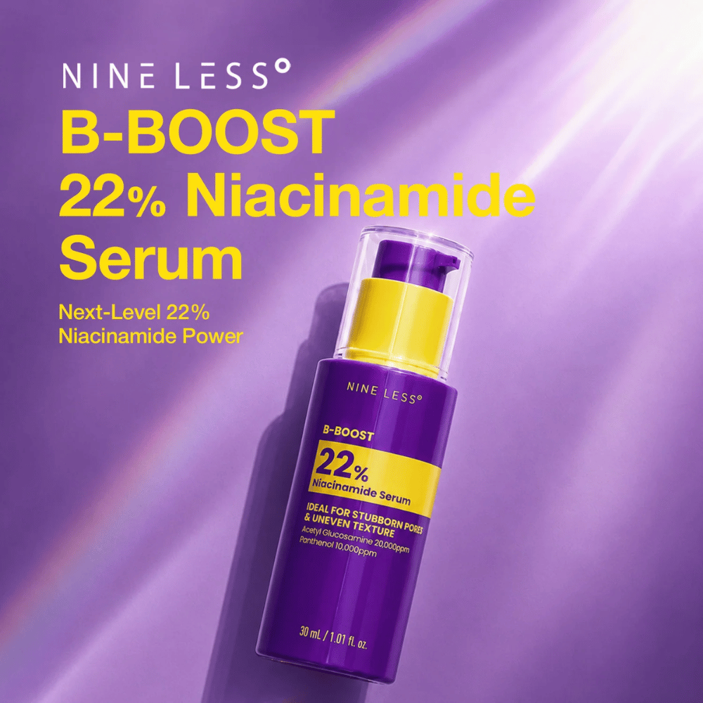 6. NINE LESS B-Boost 22% Niacinamide Serum – purple serum bottle with yellow label for visible pores