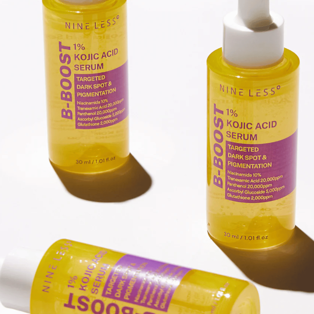 B-Boost 1% Kojic Acid Serum in bottles with pipette, for dark spots and pigmentation.