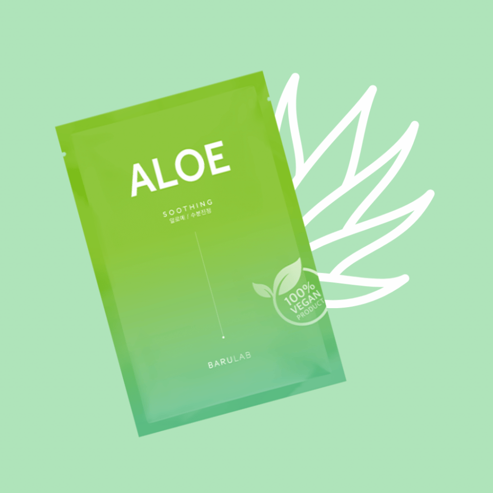 A package of the BARULAB product "Aloe Soothing" mask is displayed in front of an illustration of aloe vera leaves. The product is marked as "100% Vegan Product" against a soft green background.