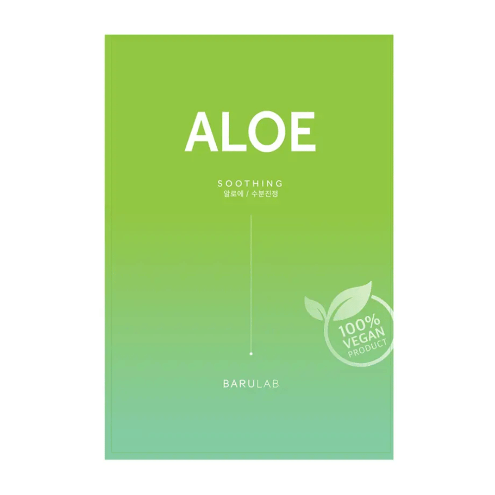 A package of the BARULAB product "Aloe Soothing" mask, which is also labeled as "100% Vegan Product". The packaging is uniformly light green in color.