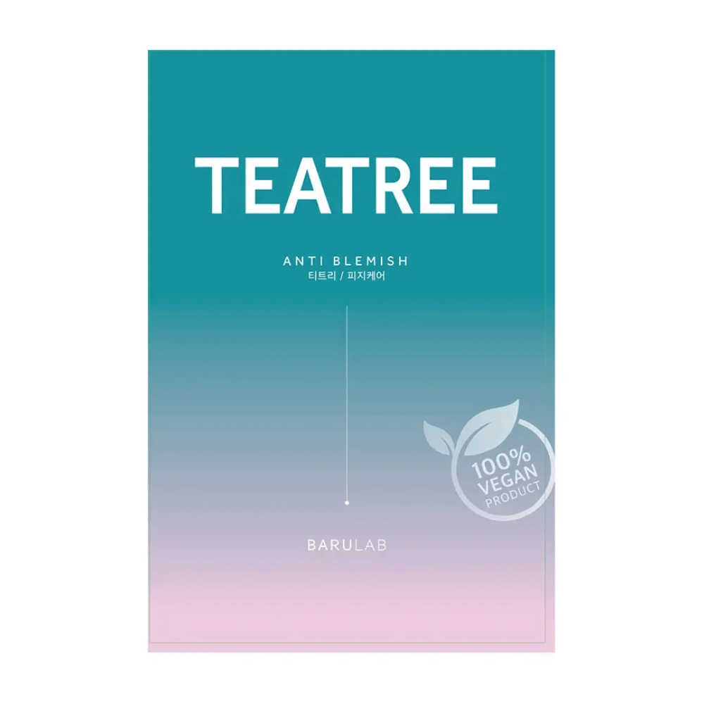 A package of BARULAB "TEATREE Anti Blemish" mask, labeled as "100% Vegan Product". The package has a color gradient from turquoise at the top to light pink at the bottom.