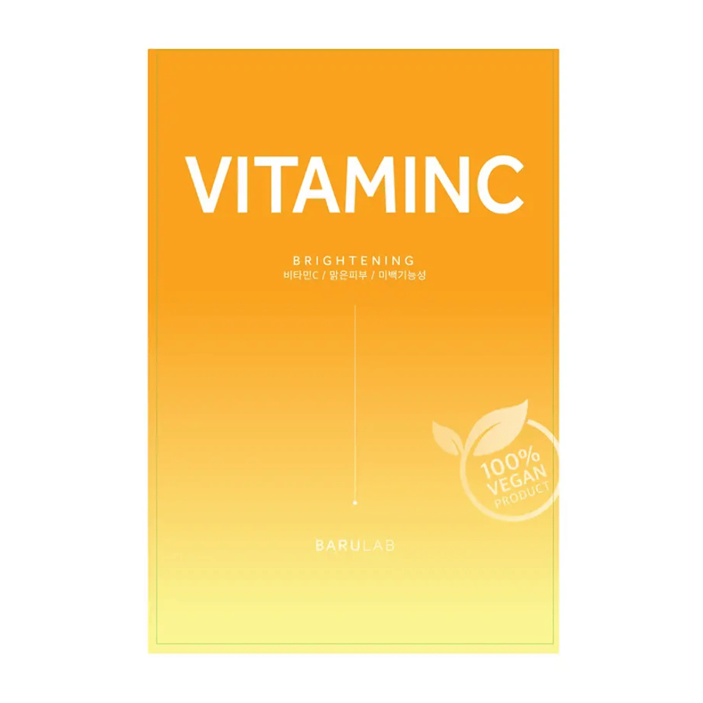 A package of BARULAB "VITAMINC Brightening" mask, labeled as "100% Vegan Product". The package has a color gradient from orange at the top to light yellow at the bottom.