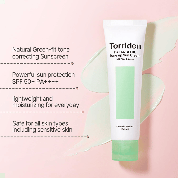 Torriden Balanceful Tone Up Sun Cream SPF50+ PA++++ with a green color-correcting tone-up effect that helps even out redness and provide a natural glow.